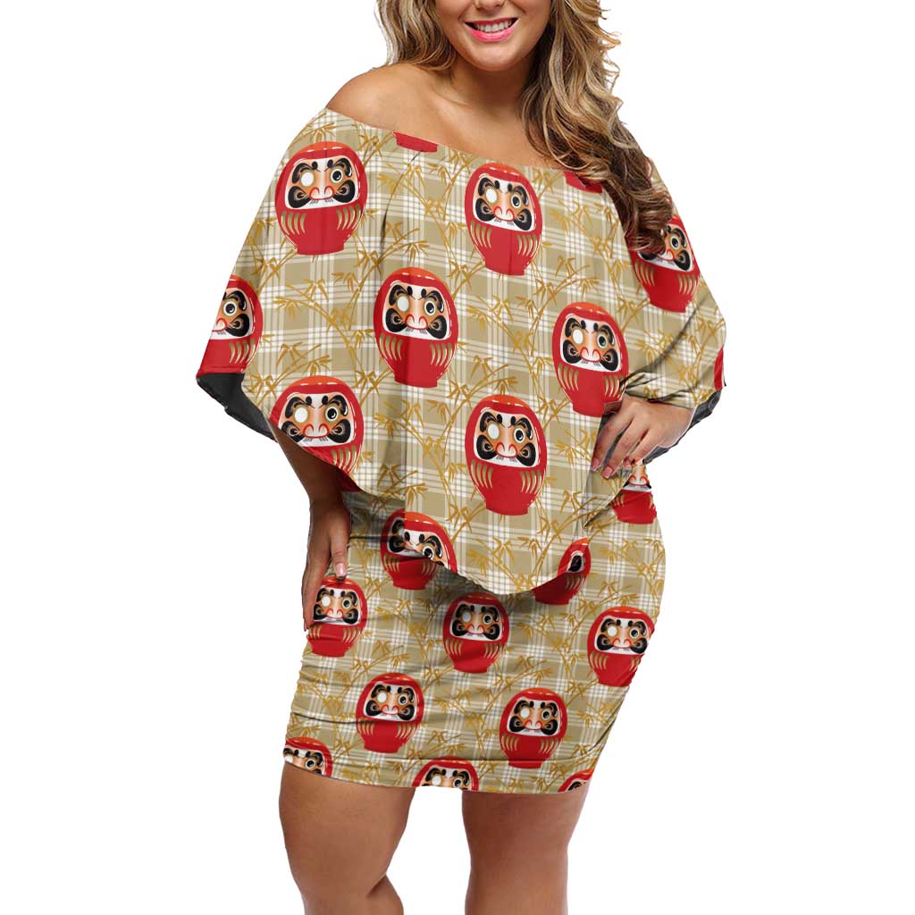 Japanese Daruma Doll Off Shoulder Short Dress Palaka With Seamless Bamboo Pattern - Wonder Print Shop