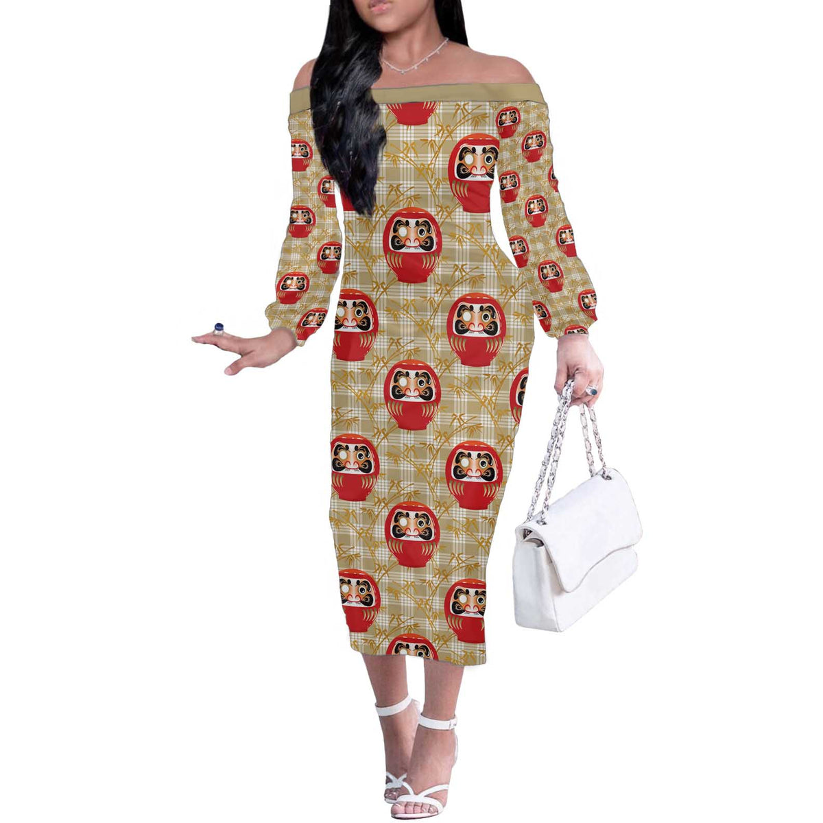 Japanese Daruma Doll Off The Shoulder Long Sleeve Dress Palaka With Seamless Bamboo Pattern - Wonder Print Shop
