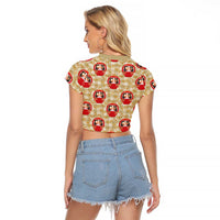 Japanese Daruma Doll Raglan Cropped T Shirt Palaka With Seamless Bamboo Pattern - Wonder Print Shop