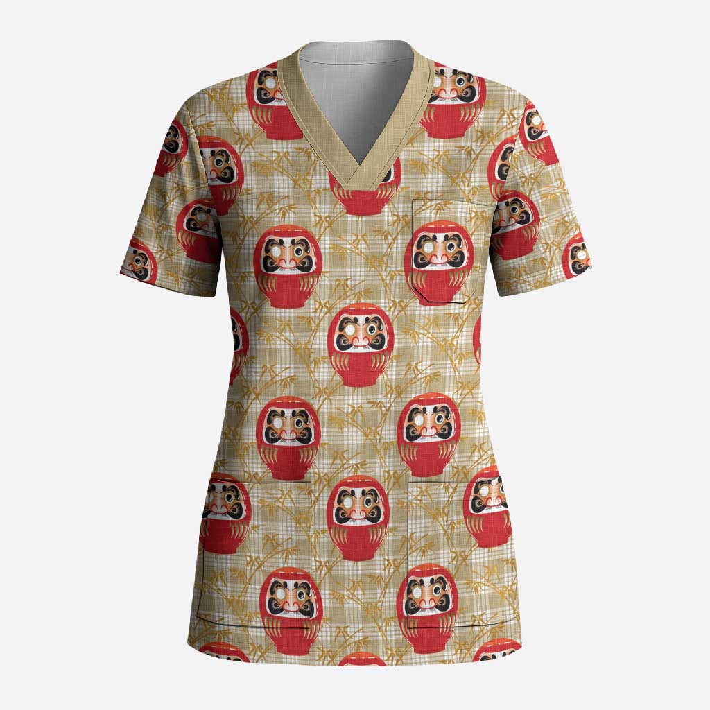 Japanese Daruma Doll Scrub Top Palaka With Seamless Bamboo Pattern - Wonder Print Shop