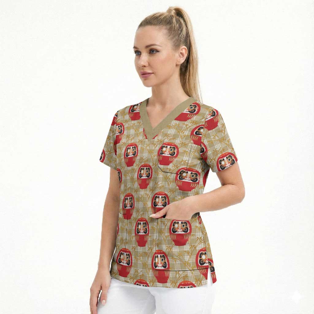 Japanese Daruma Doll Scrub Top Palaka With Seamless Bamboo Pattern - Wonder Print Shop