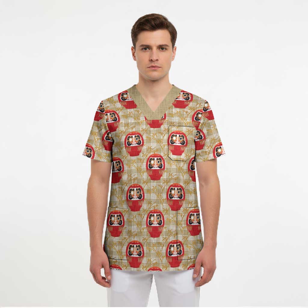 Japanese Daruma Doll Scrub Top Palaka With Seamless Bamboo Pattern - Wonder Print Shop