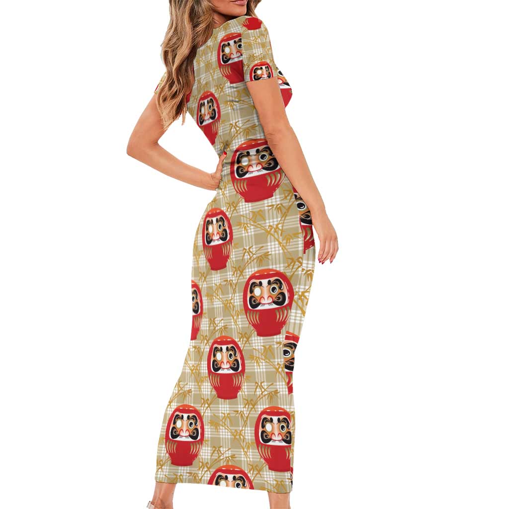 Japanese Daruma Doll Short Sleeve Bodycon Dress Palaka With Seamless Bamboo Pattern - Wonder Print Shop