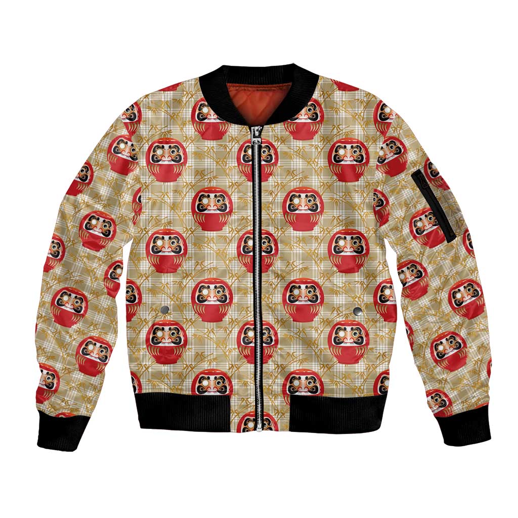 Japanese Daruma Doll Sleeve Zip Bomber Jacket Palaka With Seamless Bamboo Pattern - Wonder Print Shop