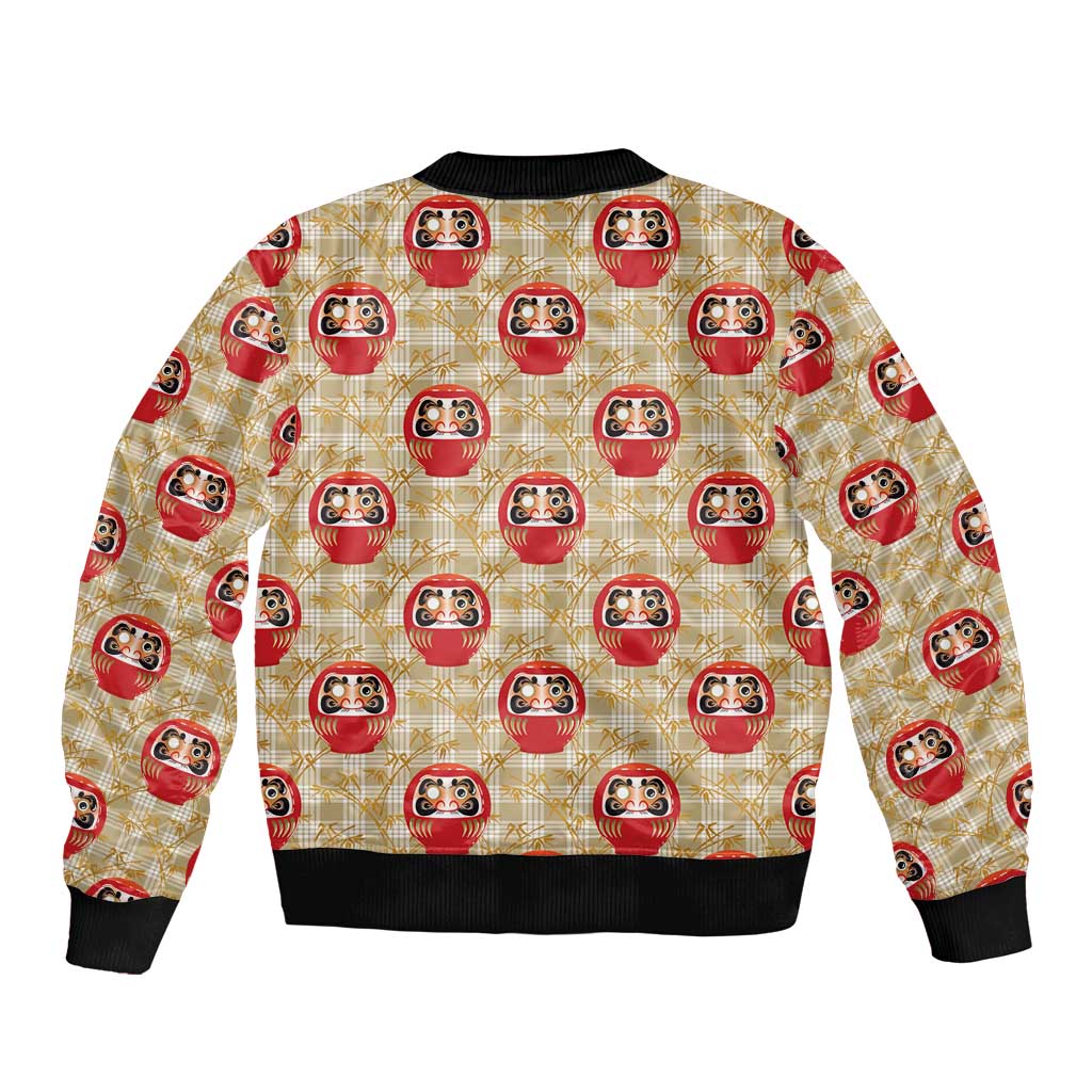 Japanese Daruma Doll Sleeve Zip Bomber Jacket Palaka With Seamless Bamboo Pattern - Wonder Print Shop