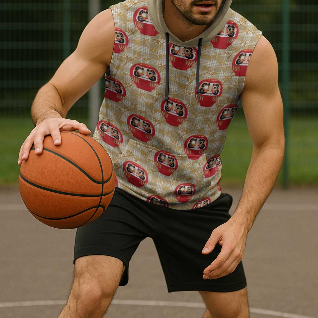 Japanese Daruma Doll Sleeveless Hoodie Palaka With Seamless Bamboo Pattern - Wonder Print Shop
