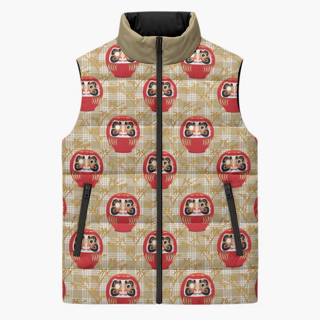Japanese Daruma Doll Sleeveless Puffer Jacket Palaka With Seamless Bamboo Pattern - Wonder Print Shop