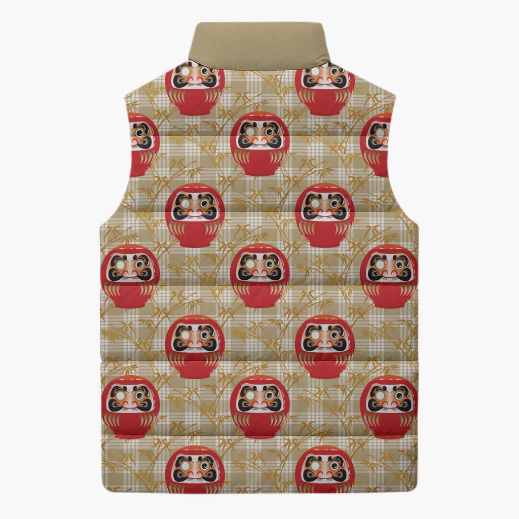 Japanese Daruma Doll Sleeveless Puffer Jacket Palaka With Seamless Bamboo Pattern - Wonder Print Shop