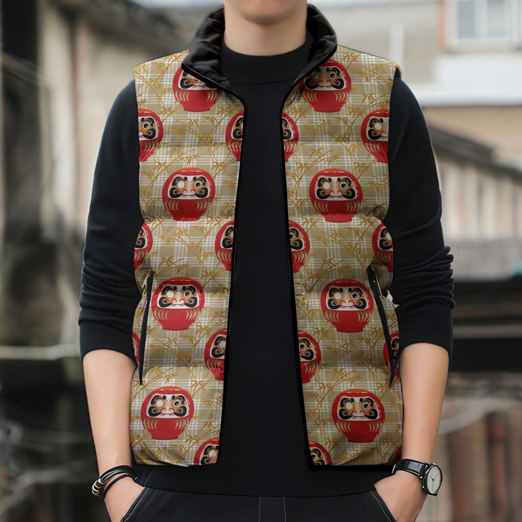 Japanese Daruma Doll Sleeveless Puffer Jacket Palaka With Seamless Bamboo Pattern - Wonder Print Shop