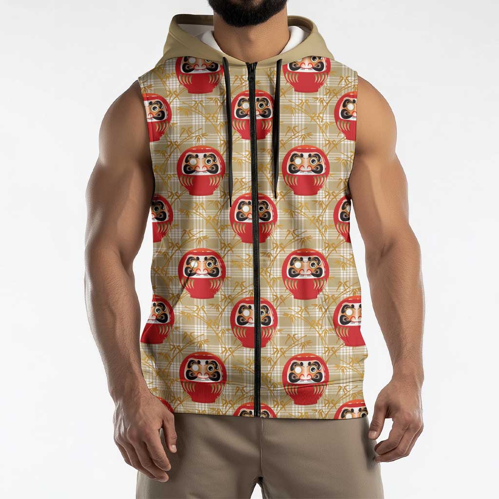 Japanese Daruma Doll Sleeveless Zip Hoodie Palaka With Seamless Bamboo Pattern - undefined