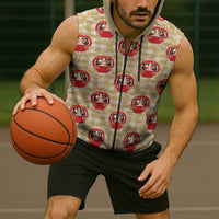 Japanese Daruma Doll Sleeveless Zip Hoodie Palaka With Seamless Bamboo Pattern - undefined