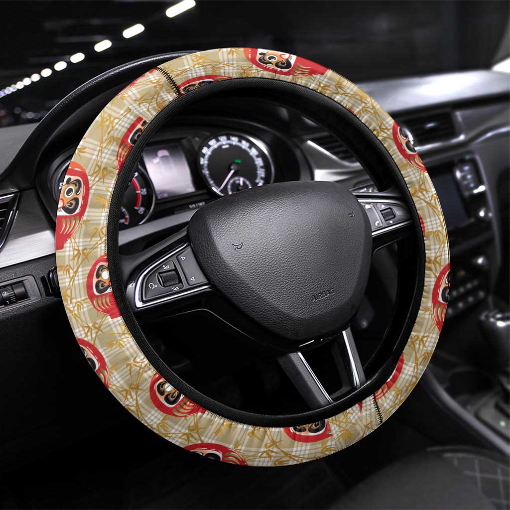 Japanese Daruma Doll Steering Wheel Cover Palaka With Seamless Bamboo Pattern - Wonder Print Shop