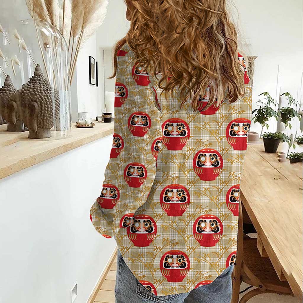 Japanese Daruma Doll Women Casual Shirt Palaka With Seamless Bamboo Pattern - Wonder Print Shop