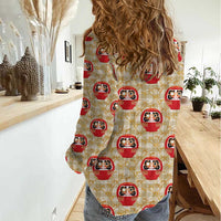 Japanese Daruma Doll Women Casual Shirt Palaka With Seamless Bamboo Pattern - Wonder Print Shop