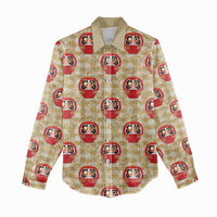 Japanese Daruma Doll Women Casual Shirt Palaka With Seamless Bamboo Pattern - Wonder Print Shop