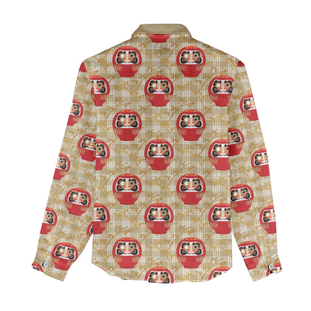 Japanese Daruma Doll Women Casual Shirt Palaka With Seamless Bamboo Pattern - Wonder Print Shop