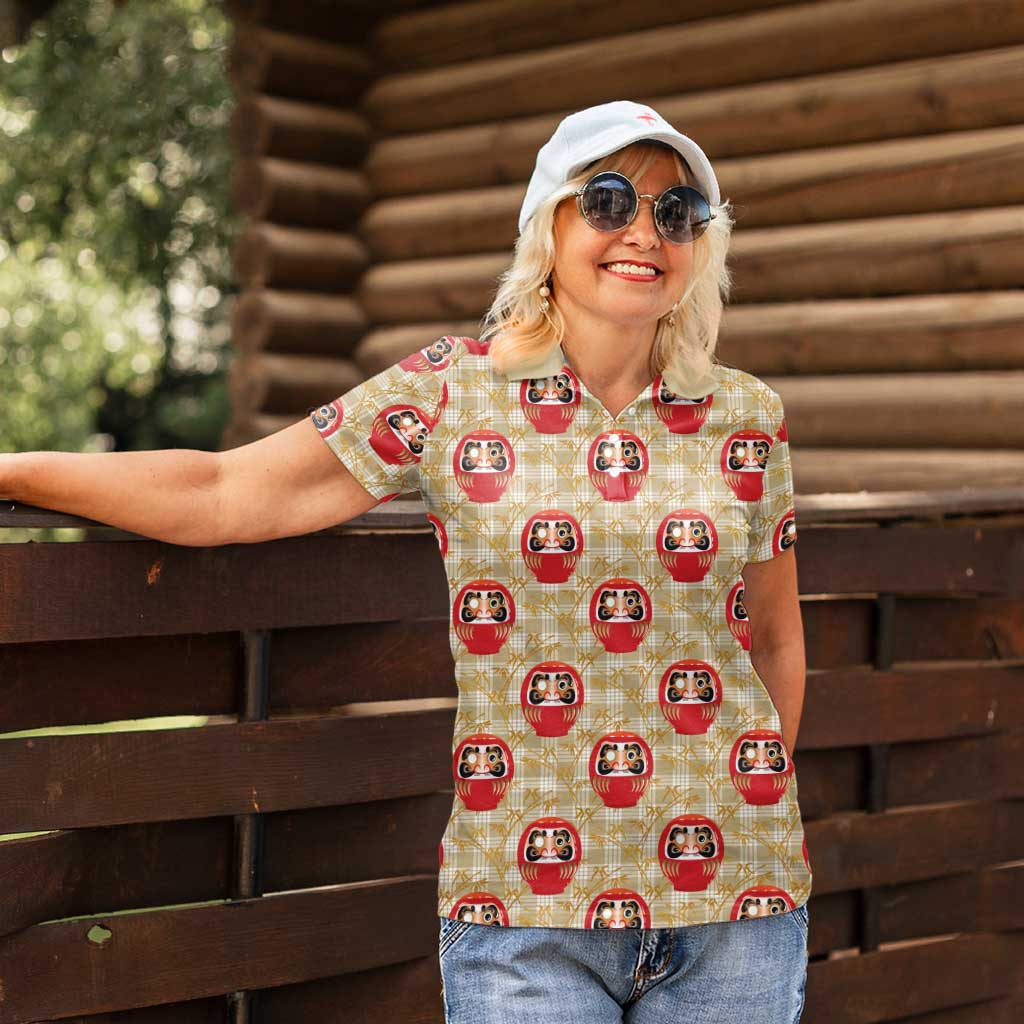 Japanese Daruma Doll Women Polo Shirt Palaka With Seamless Bamboo Pattern - Wonder Print Shop