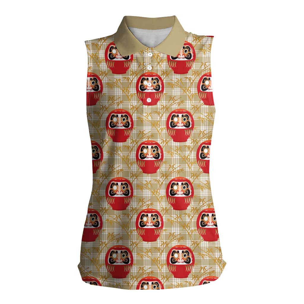 Japanese Daruma Doll Women Sleeveless Polo Shirt Palaka With Seamless Bamboo Pattern - Wonder Print Shop