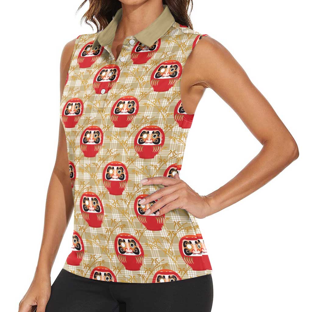 Japanese Daruma Doll Women Sleeveless Polo Shirt Palaka With Seamless Bamboo Pattern - Wonder Print Shop