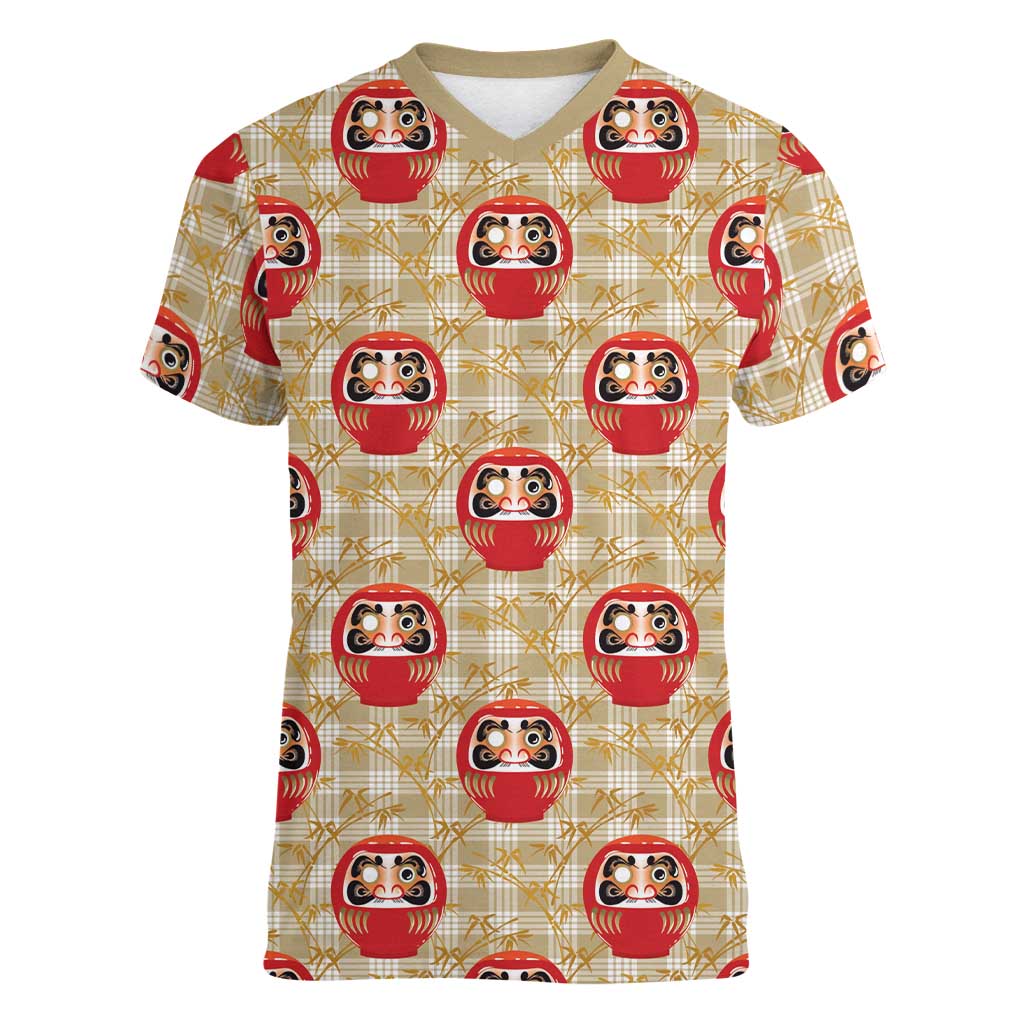 Japanese Daruma Doll Women V-Neck T-Shirt Palaka With Seamless Bamboo Pattern - Wonder Print Shop