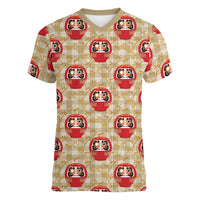 Japanese Daruma Doll Women V-Neck T-Shirt Palaka With Seamless Bamboo Pattern - Wonder Print Shop