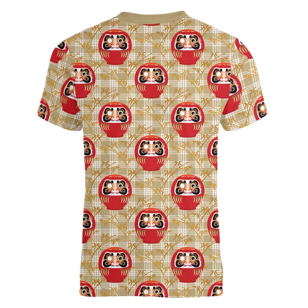Japanese Daruma Doll Women V-Neck T-Shirt Palaka With Seamless Bamboo Pattern - Wonder Print Shop