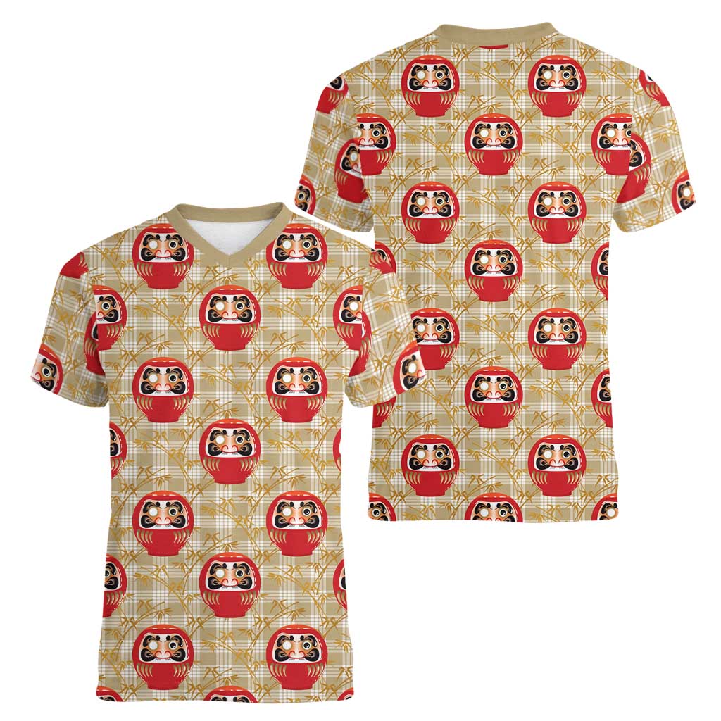 Japanese Daruma Doll Women V-Neck T-Shirt Palaka With Seamless Bamboo Pattern - Wonder Print Shop
