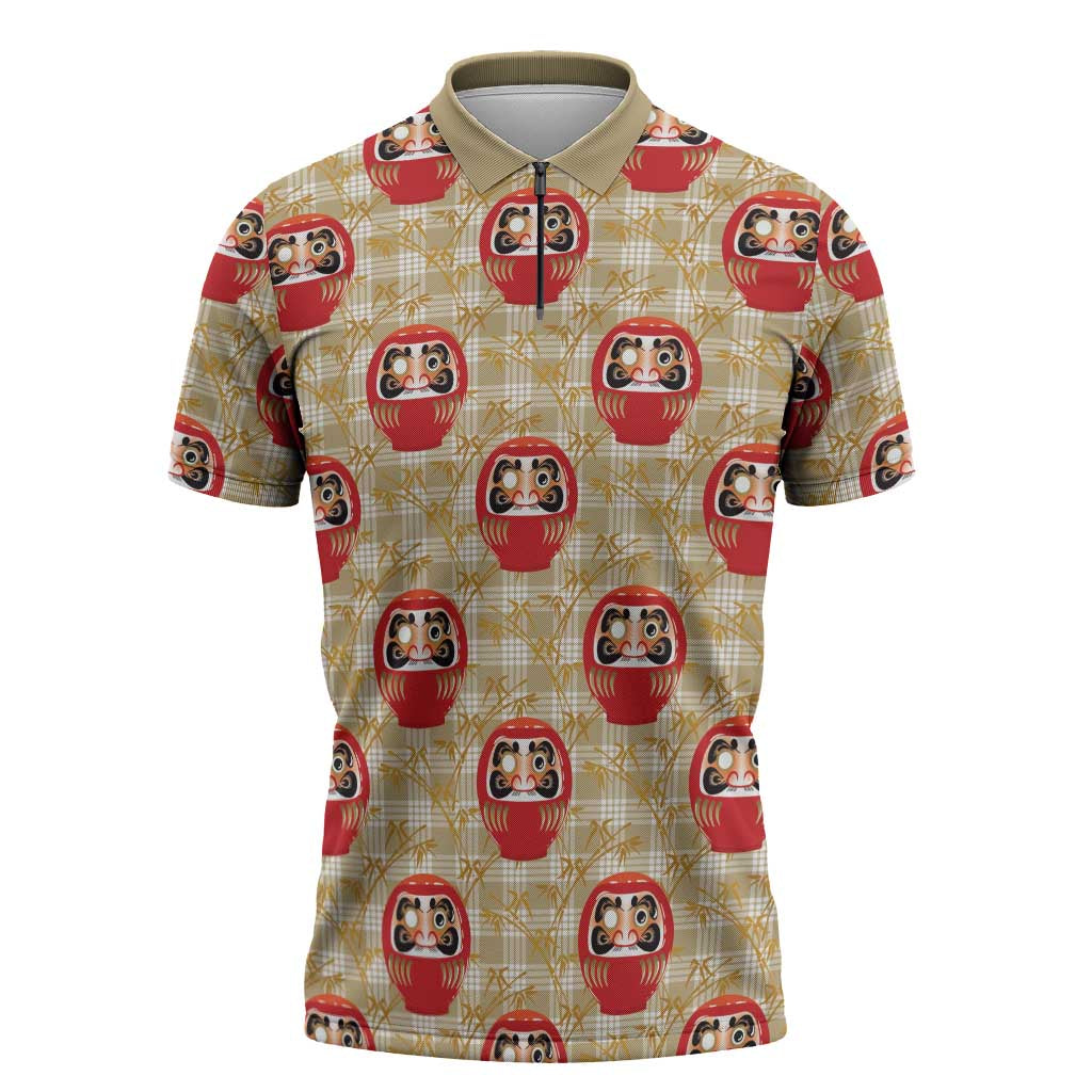 Japanese Daruma Doll Zipper Polo Shirt Palaka With Seamless Bamboo Pattern - Wonder Print Shop