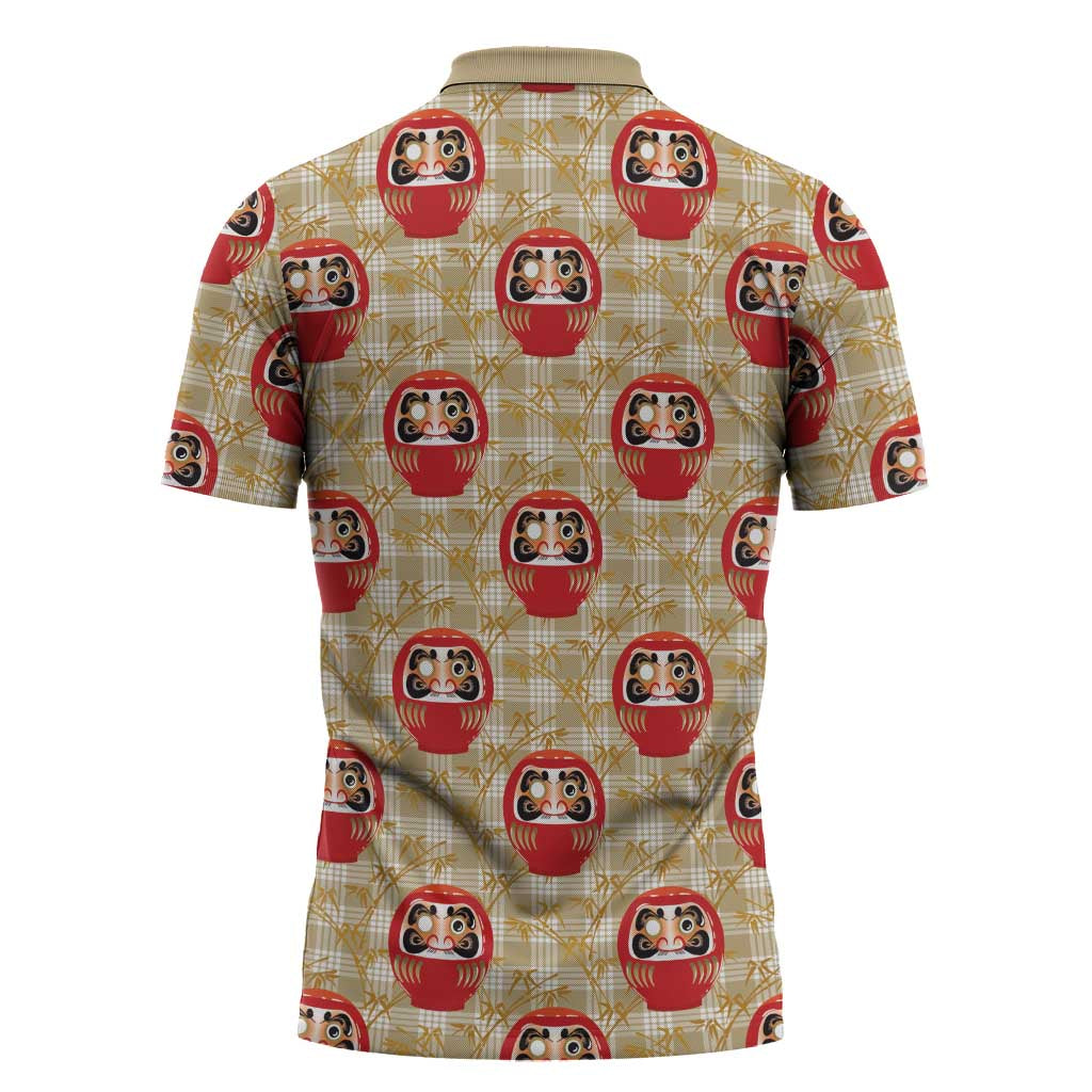 Japanese Daruma Doll Zipper Polo Shirt Palaka With Seamless Bamboo Pattern - Wonder Print Shop