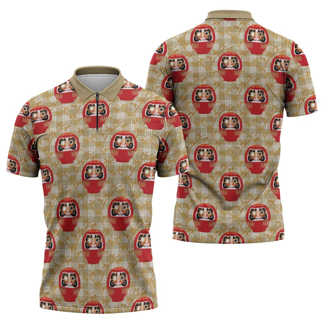 Japanese Daruma Doll Zipper Polo Shirt Palaka With Seamless Bamboo Pattern - Wonder Print Shop