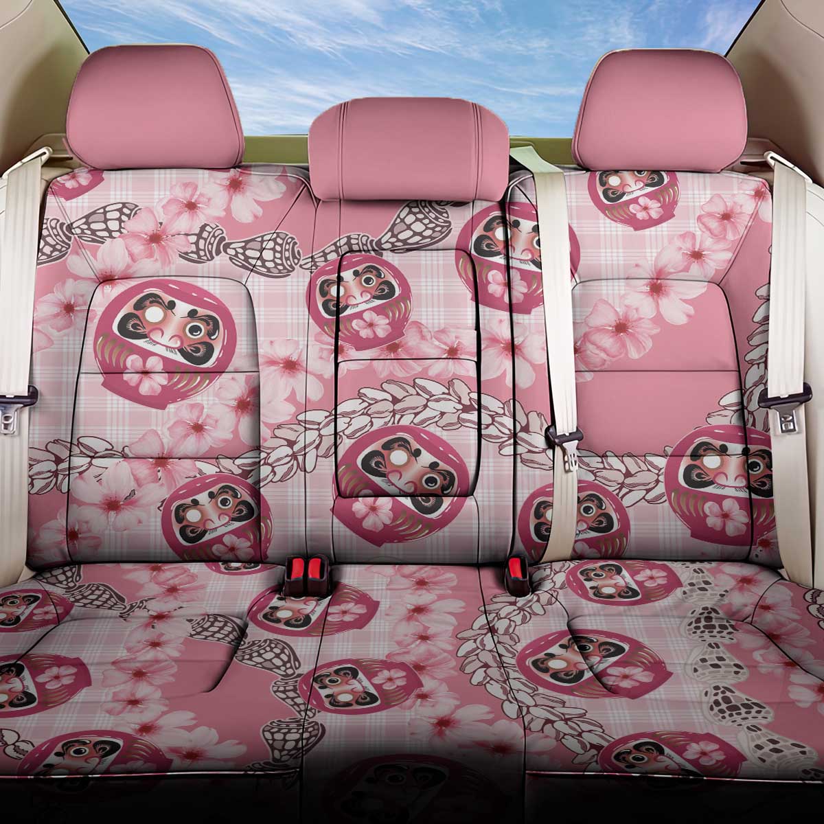 Japanese Daruma Doll Palaka Back Car Seat Cover Cherry Blossoms With Shell Lei - Wonder Print Shop