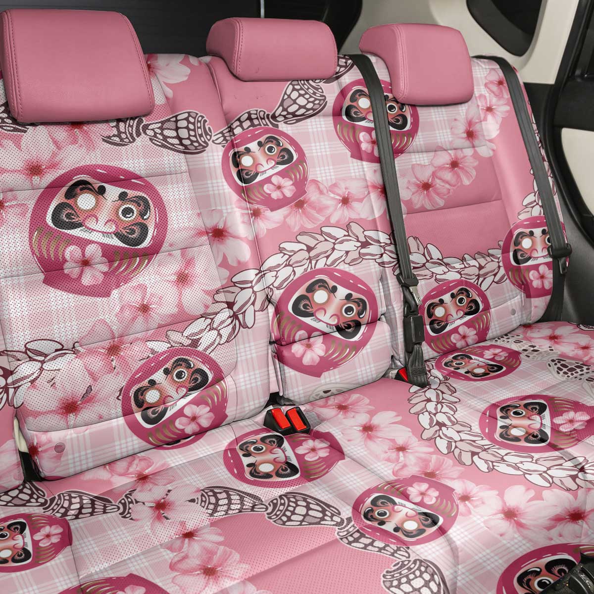 Japanese Daruma Doll Palaka Back Car Seat Cover Cherry Blossoms With Shell Lei - Wonder Print Shop