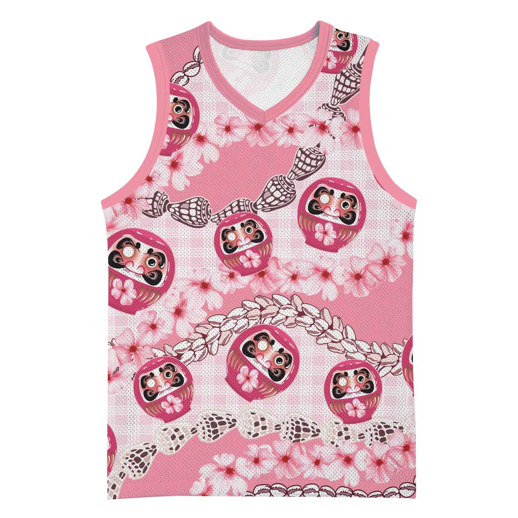 Japanese Daruma Doll Palaka Basketball Jersey Cherry Blossoms With Shell Lei - Wonder Print Shop