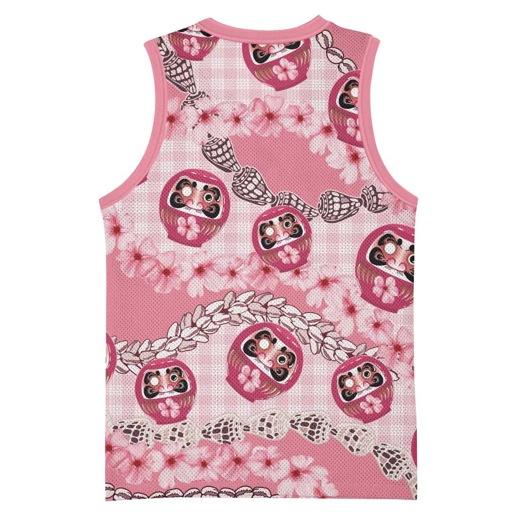 Japanese Daruma Doll Palaka Basketball Jersey Cherry Blossoms With Shell Lei - Wonder Print Shop