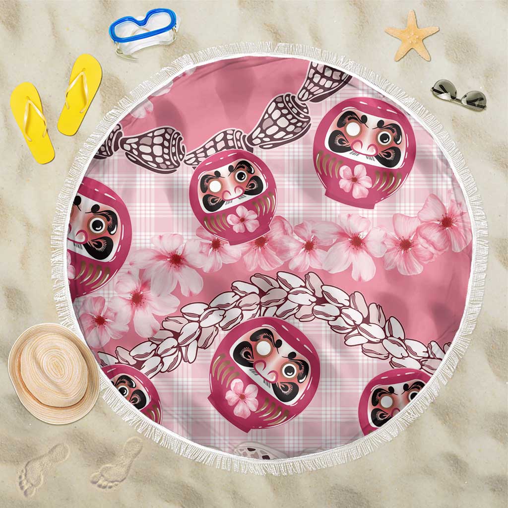 Japanese Daruma Doll Palaka Beach Blanket Cherry Blossoms With Shell Lei - Wonder Print Shop