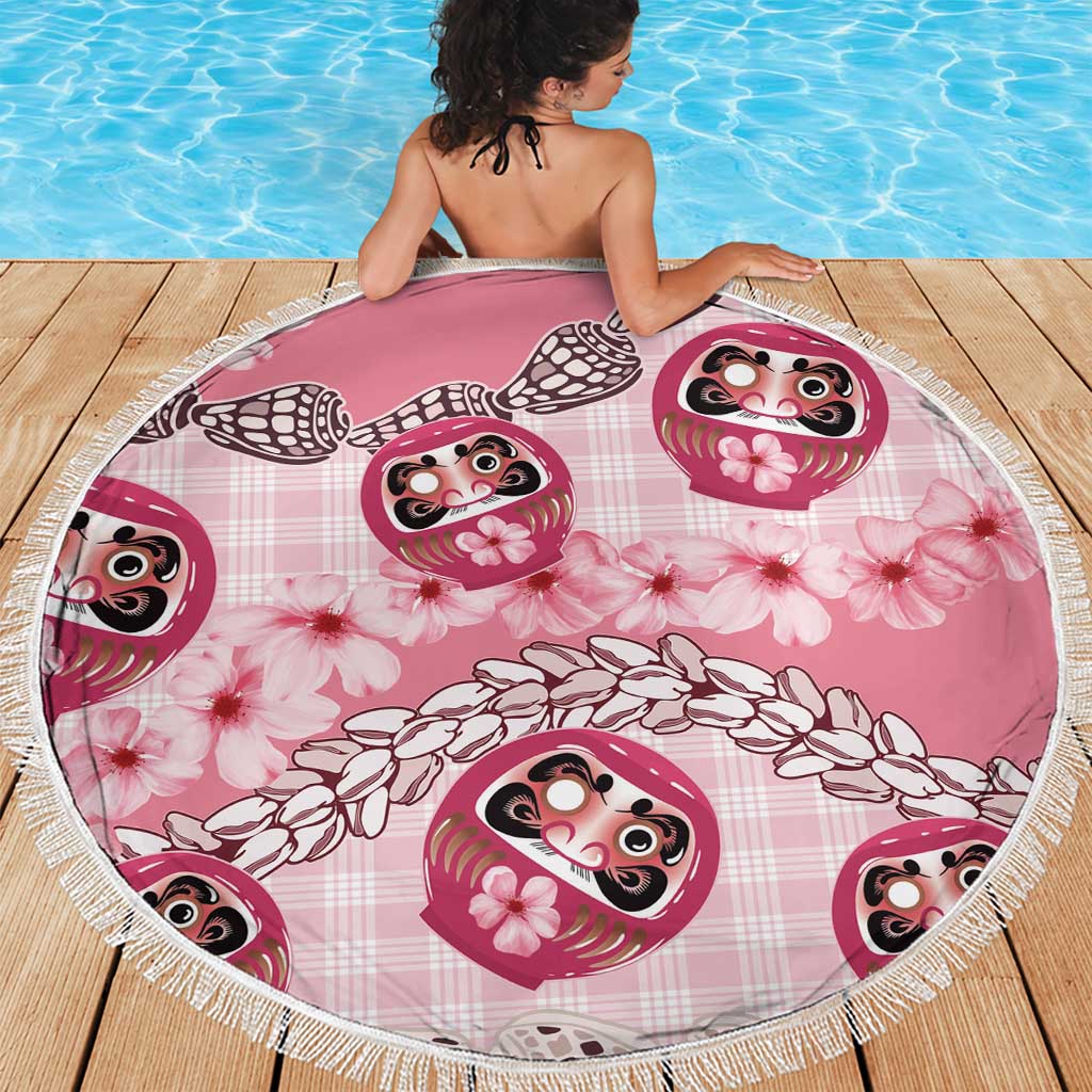 Japanese Daruma Doll Palaka Beach Blanket Cherry Blossoms With Shell Lei - Wonder Print Shop