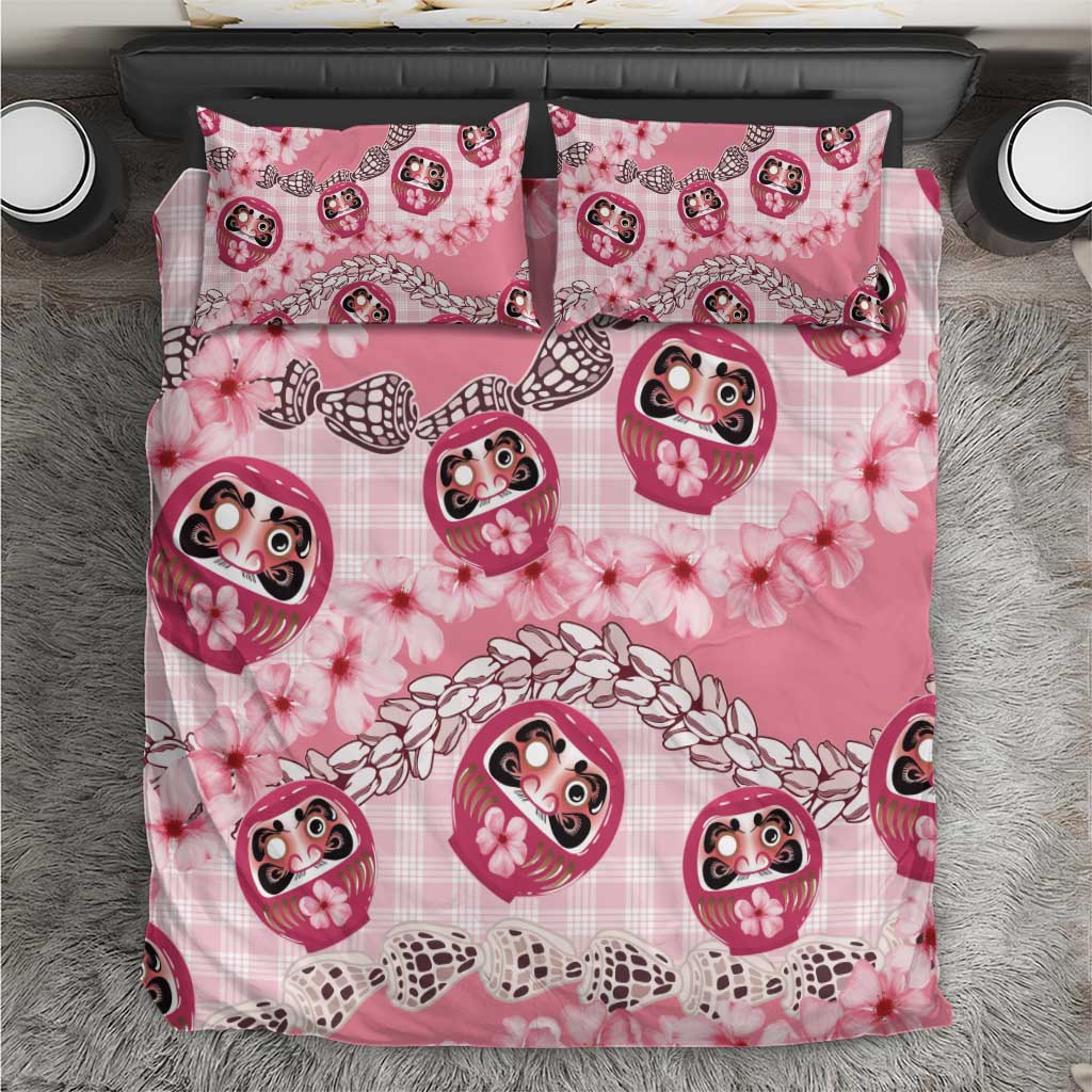 Japanese Daruma Doll Palaka Bedding Set Cherry Blossoms With Shell Lei - Wonder Print Shop