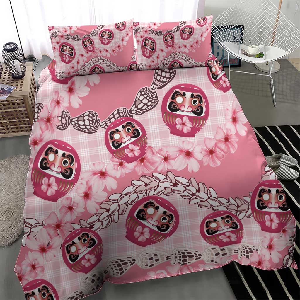 Japanese Daruma Doll Palaka Bedding Set Cherry Blossoms With Shell Lei - Wonder Print Shop