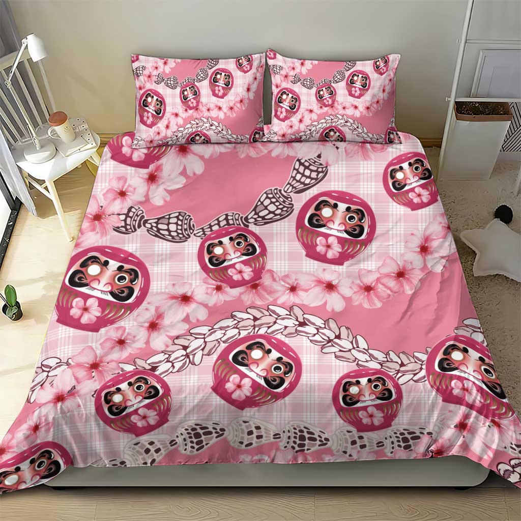 Japanese Daruma Doll Palaka Bedding Set Cherry Blossoms With Shell Lei - Wonder Print Shop