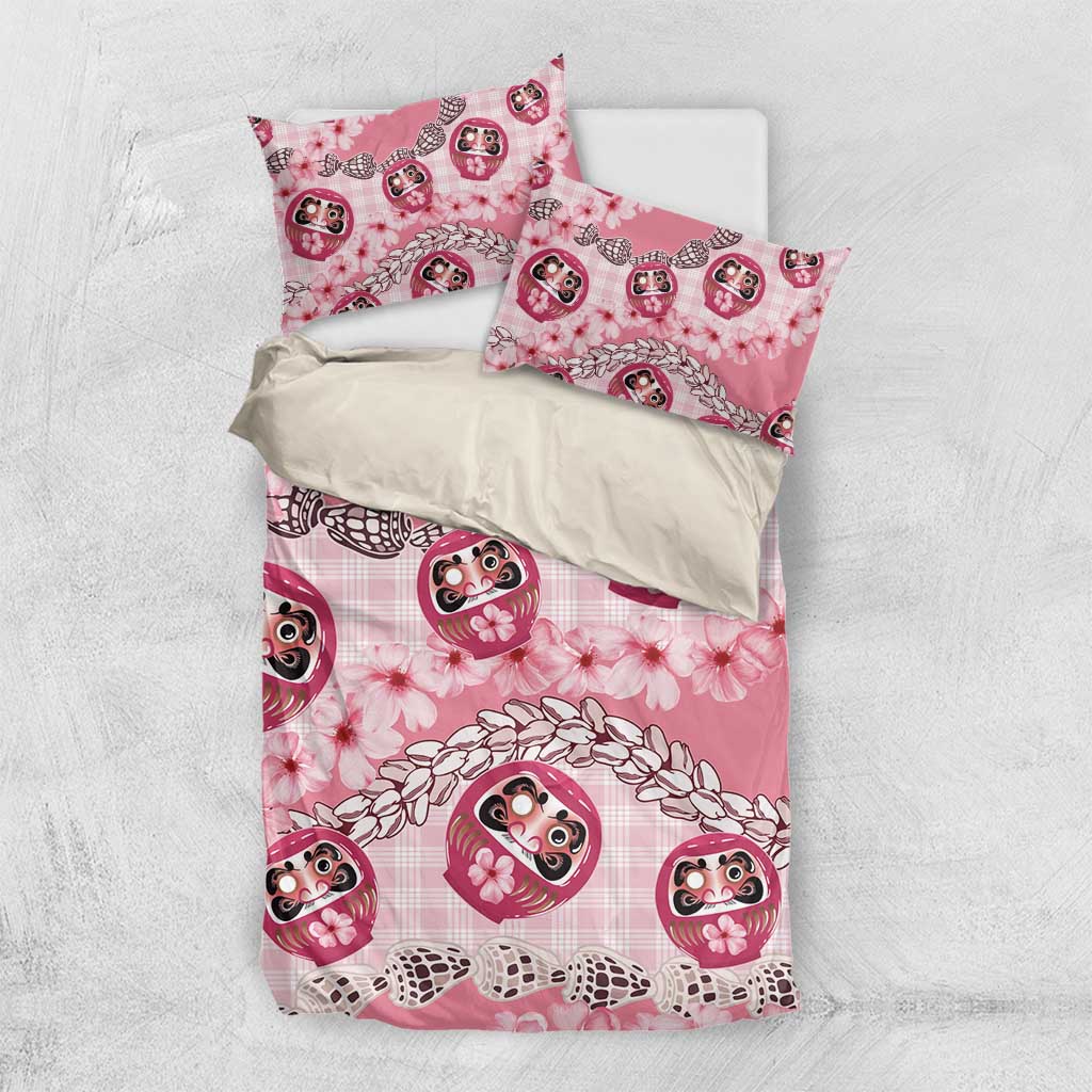 Japanese Daruma Doll Palaka Bedding Set Cherry Blossoms With Shell Lei - Wonder Print Shop