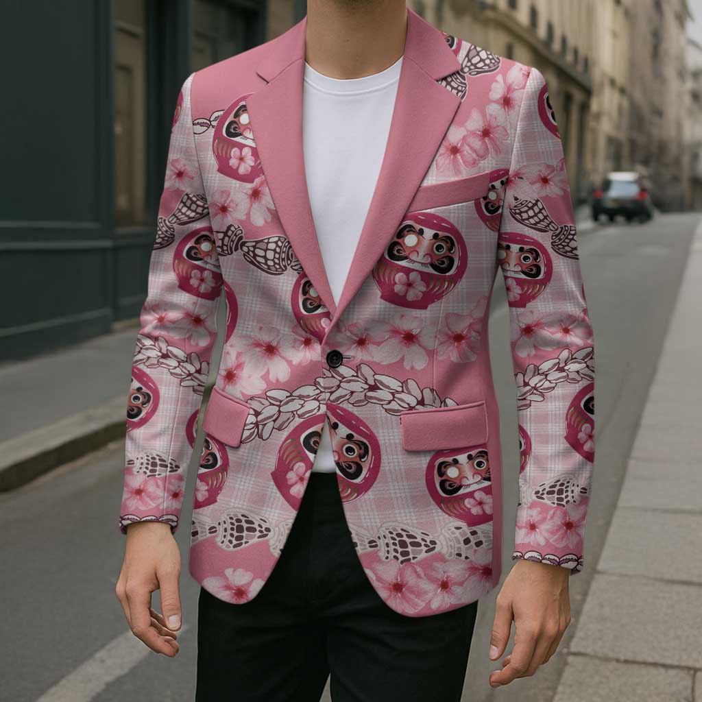 Japanese Daruma Doll Palaka Blazer Cherry Blossoms With Shell Lei - Wonder Print Shop