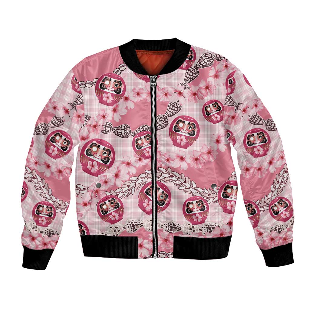 Japanese Daruma Doll Palaka Bomber Jacket Cherry Blossoms With Shell Lei - Wonder Print Shop