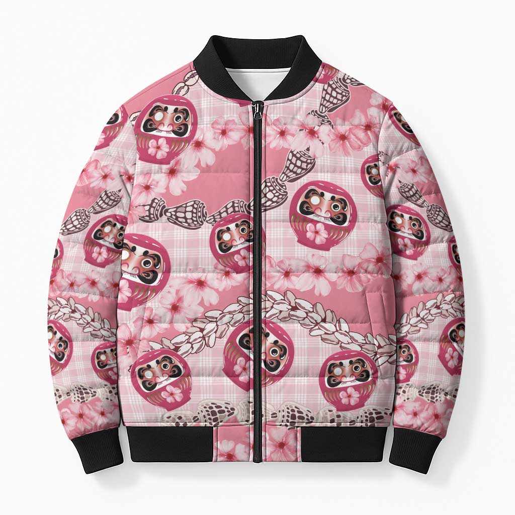 Japanese Daruma Doll Palaka Bomber Puffer Jacket Cherry Blossoms With Shell Lei - Wonder Print Shop