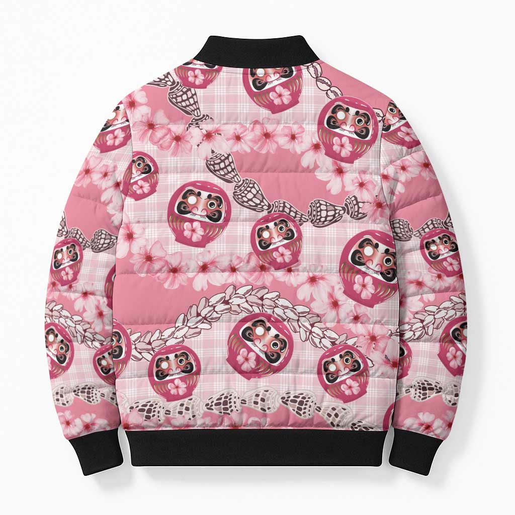 Japanese Daruma Doll Palaka Bomber Puffer Jacket Cherry Blossoms With Shell Lei - Wonder Print Shop