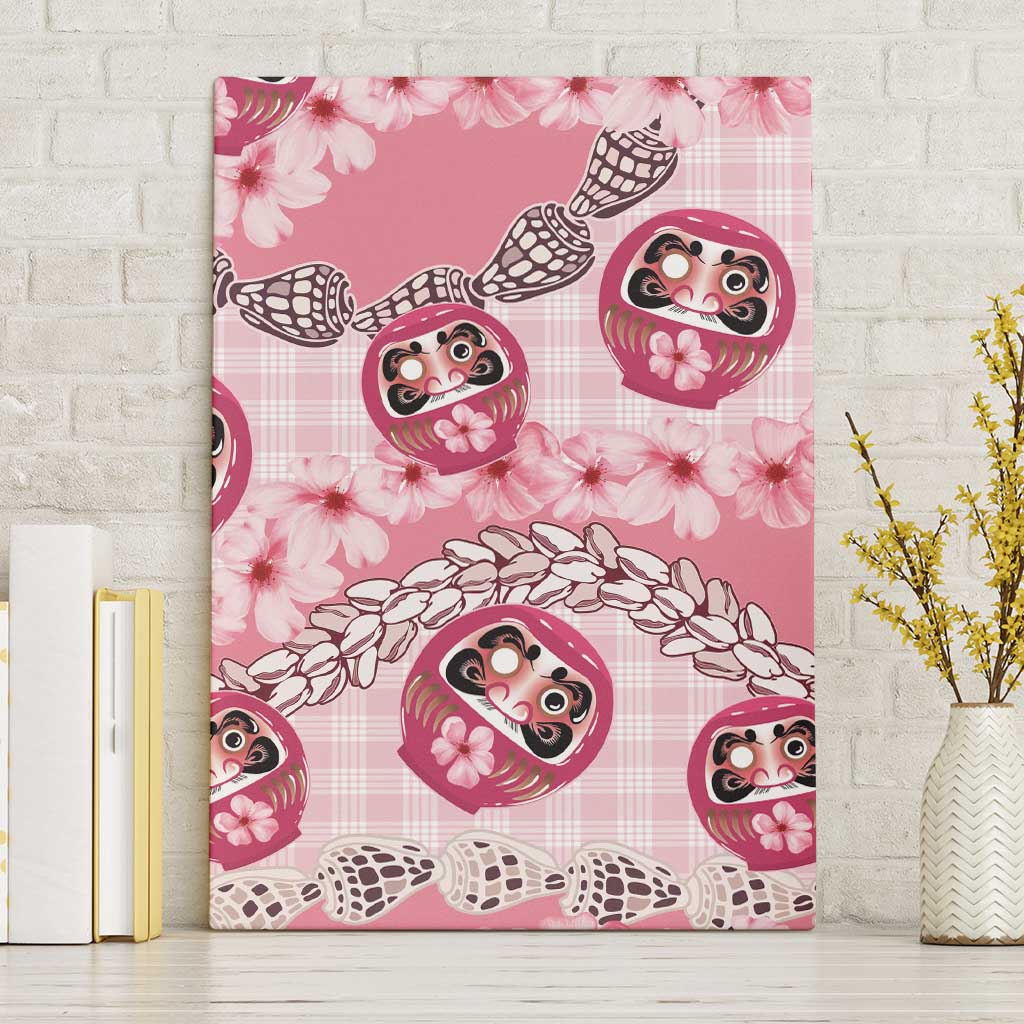 Japanese Daruma Doll Palaka Canvas Wall Art Cherry Blossoms With Shell Lei - Wonder Print Shop