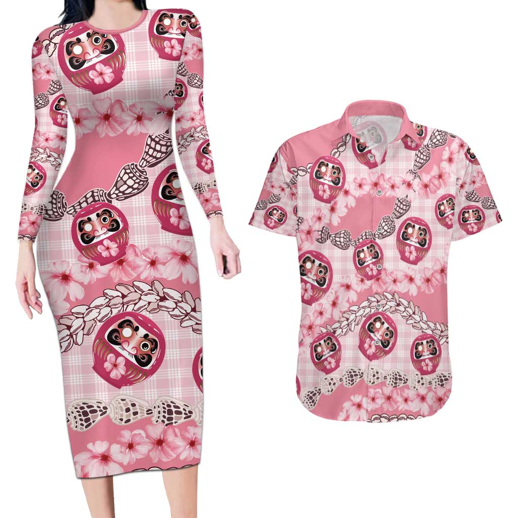 Japanese Daruma Doll Palaka Couples Matching Long Sleeve Bodycon Dress and Hawaiian Shirt Cherry Blossoms With Shell Lei - Wonder Print Shop