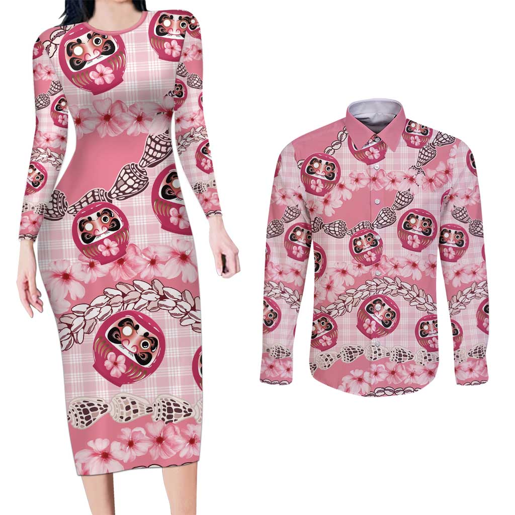Japanese Daruma Doll Palaka Couples Matching Long Sleeve Bodycon Dress and Long Sleeve Button Shirt Cherry Blossoms With Shell Lei - Wonder Print Shop