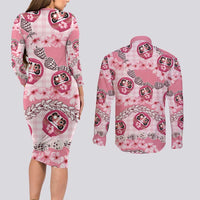 Japanese Daruma Doll Palaka Couples Matching Long Sleeve Bodycon Dress and Long Sleeve Button Shirt Cherry Blossoms With Shell Lei - Wonder Print Shop