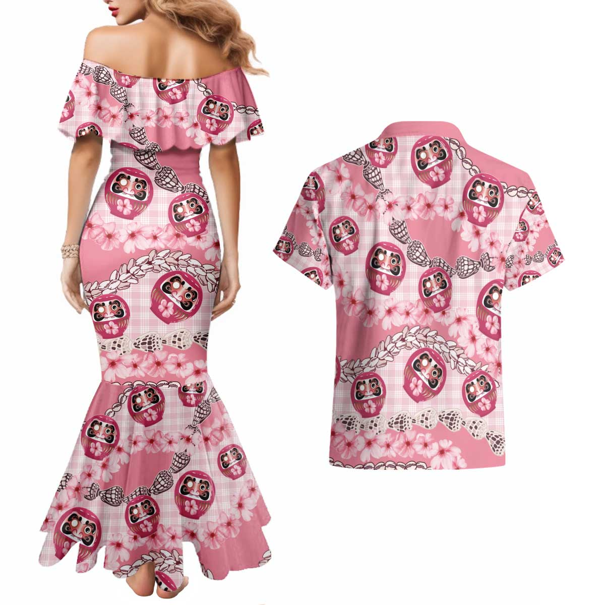 Japanese Daruma Doll Palaka Couples Matching Mermaid Dress and Hawaiian Shirt Cherry Blossoms With Shell Lei - Wonder Print Shop