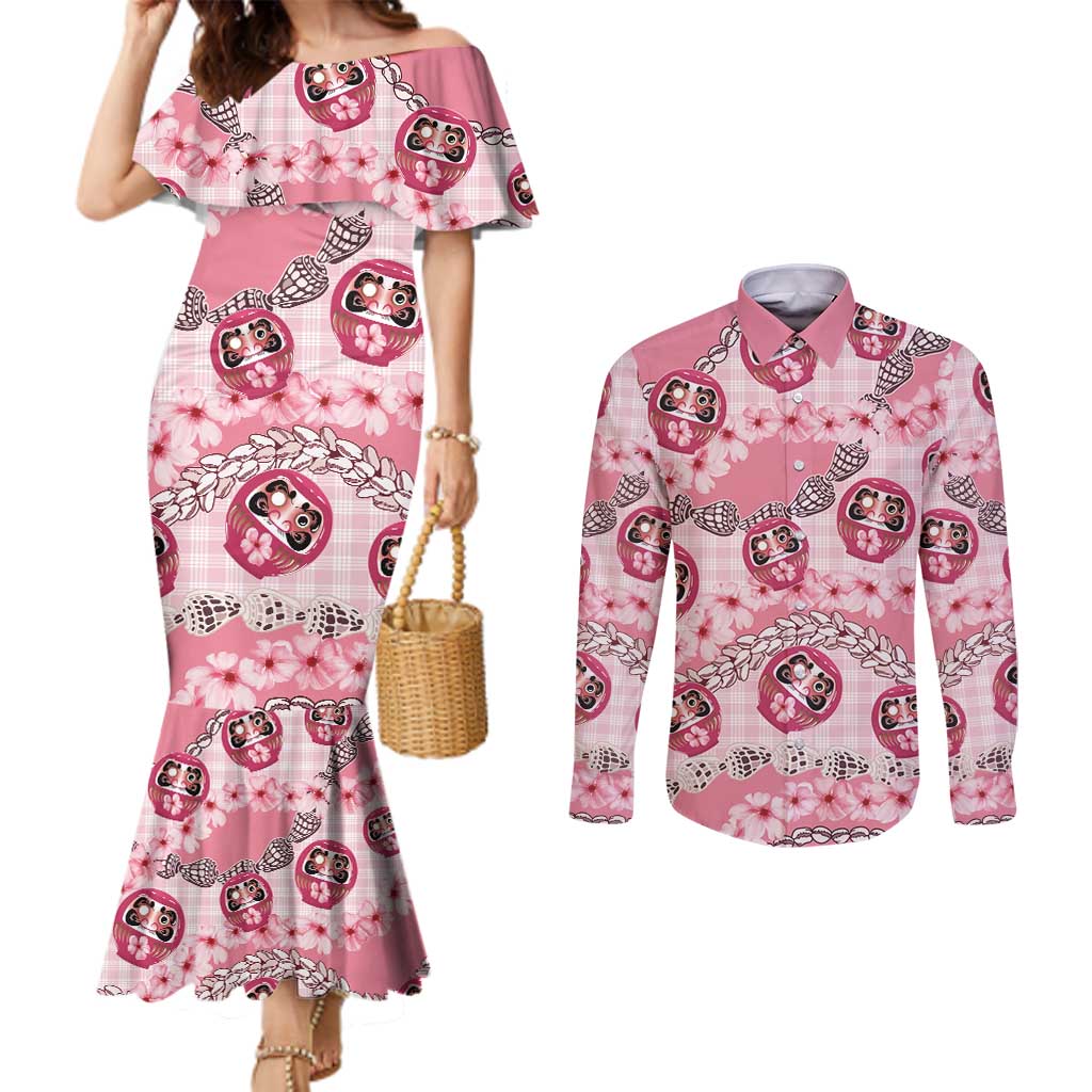 Japanese Daruma Doll Palaka Couples Matching Mermaid Dress and Long Sleeve Button Shirt Cherry Blossoms With Shell Lei - Wonder Print Shop